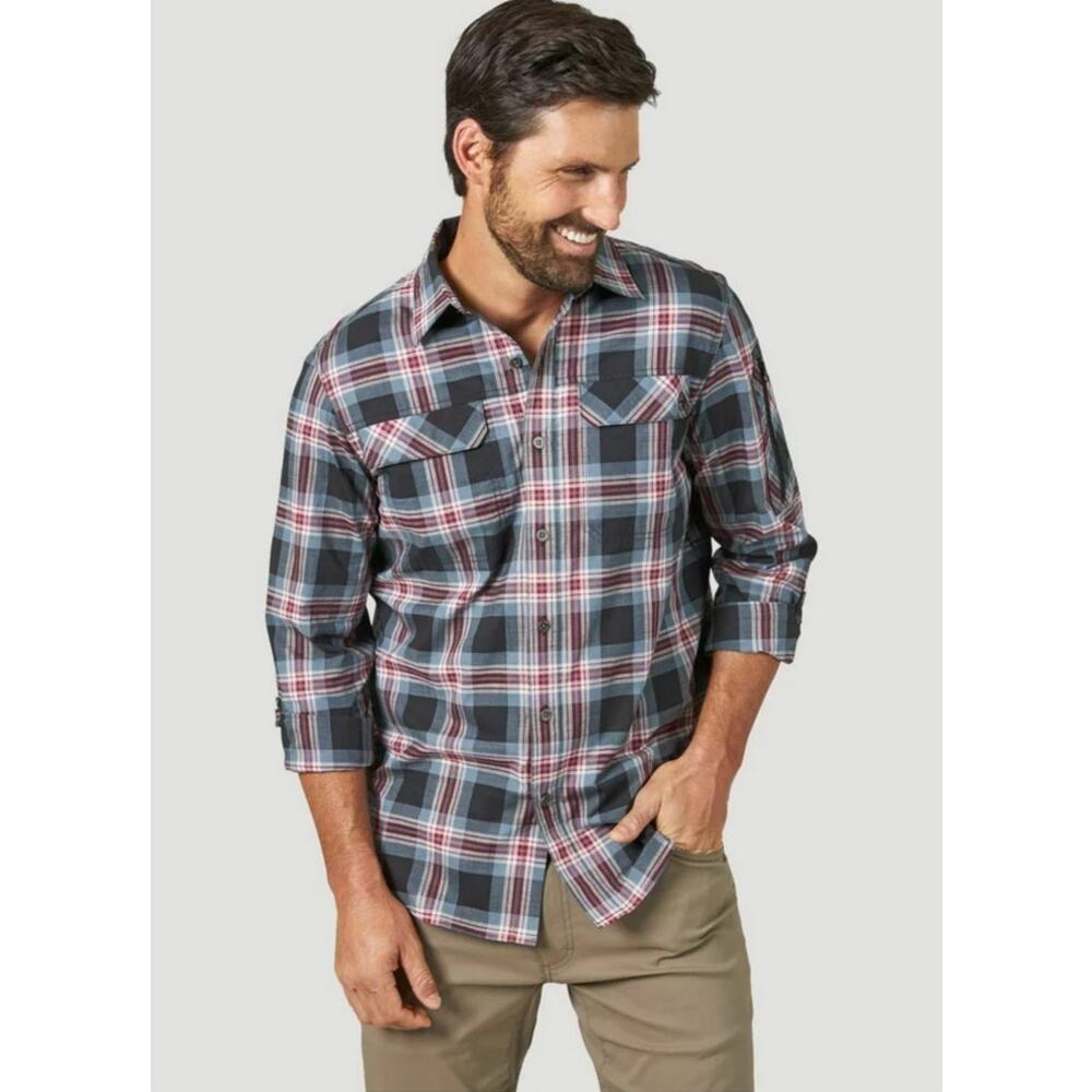 Wrangler ATG Men’s L Black Plaid Shirt Long Sleeve Button‑Up Outdoor EUC